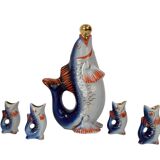 Fish decanter soviet drinking set porcelain fish carafe shots glass,1950's.