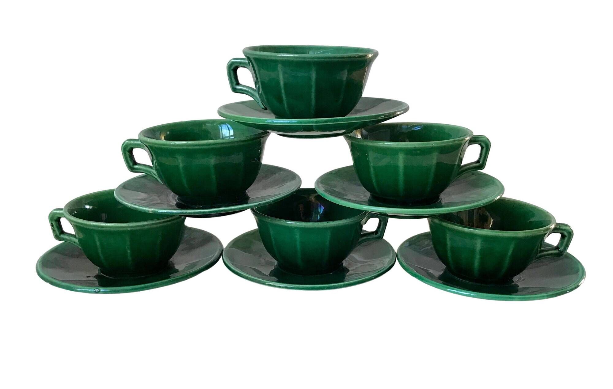 set of 6 cups and sub-cups in green slurry Lunéville 60s