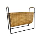 Aubock Style Mid-Century Rattan Bauhaus Magazine Holder, France, 1950s