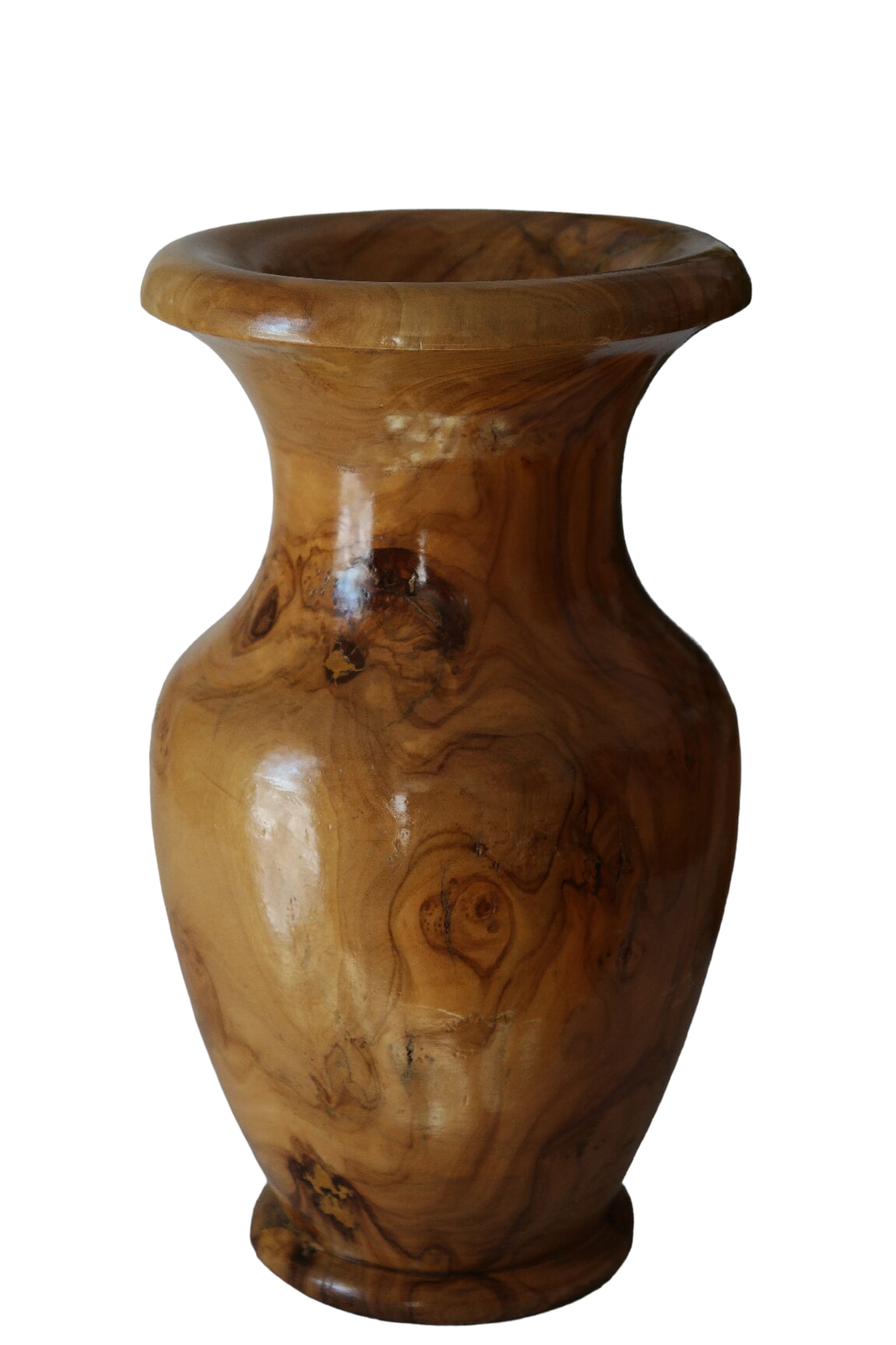Artisanal turned olive wood vase with varnish.