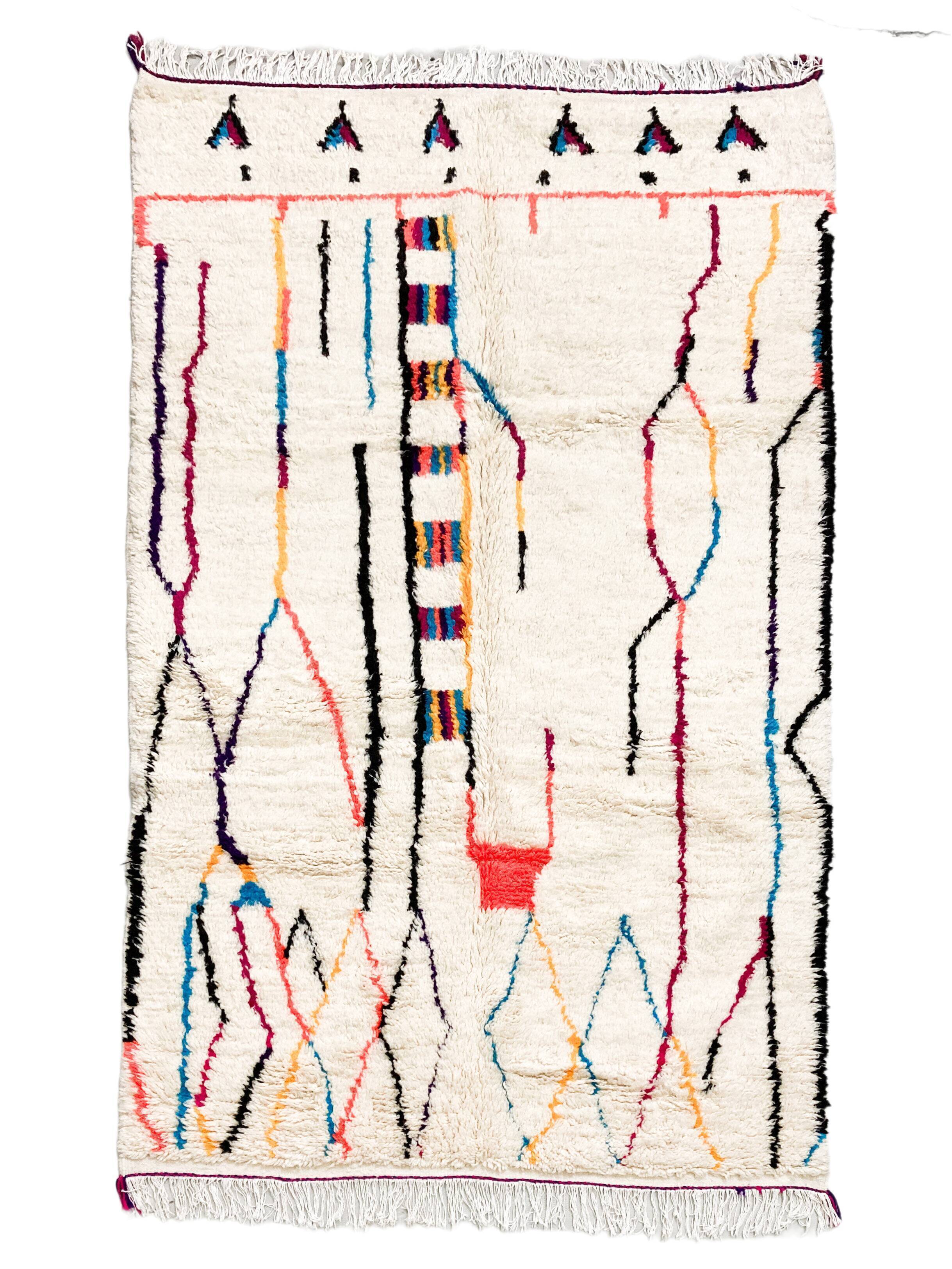 Moroccan Berber carpet azilal ecru with colorful patterns 264x147cm