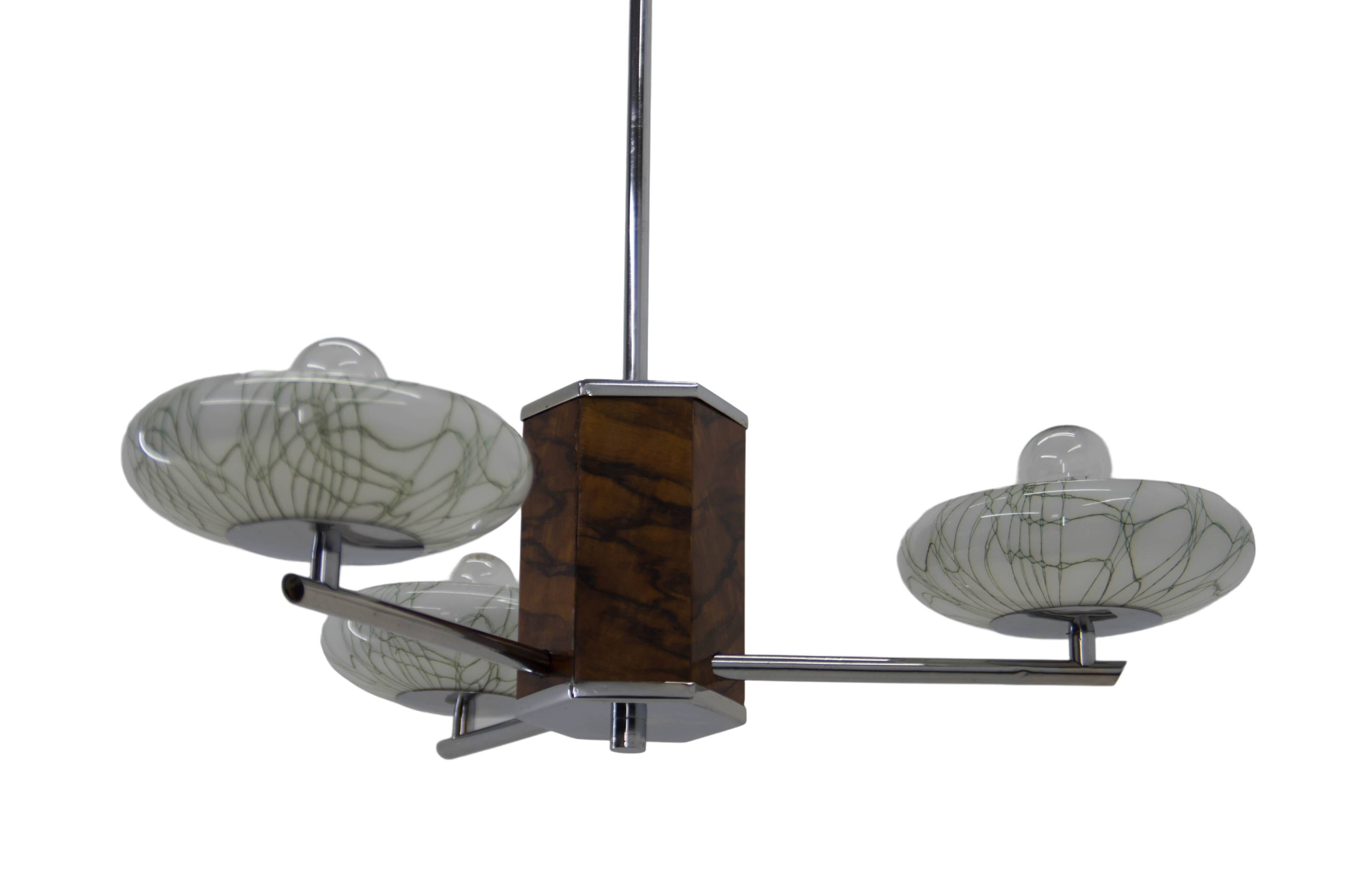 Art deco wood chrome and glass chandelier, 1940s, restored