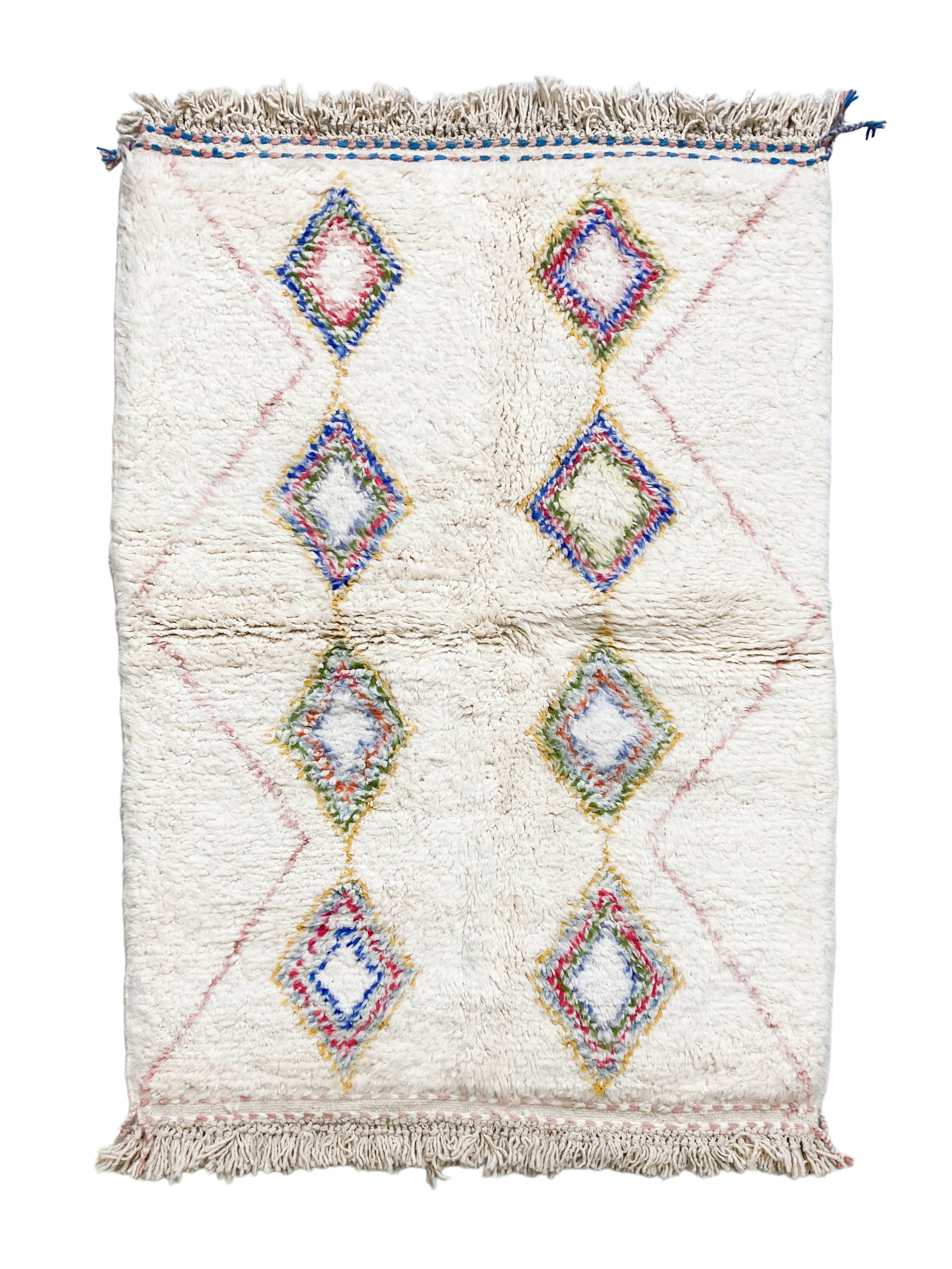 Tapis berbère marocain azilal écru à losanges colorés 195x132cm