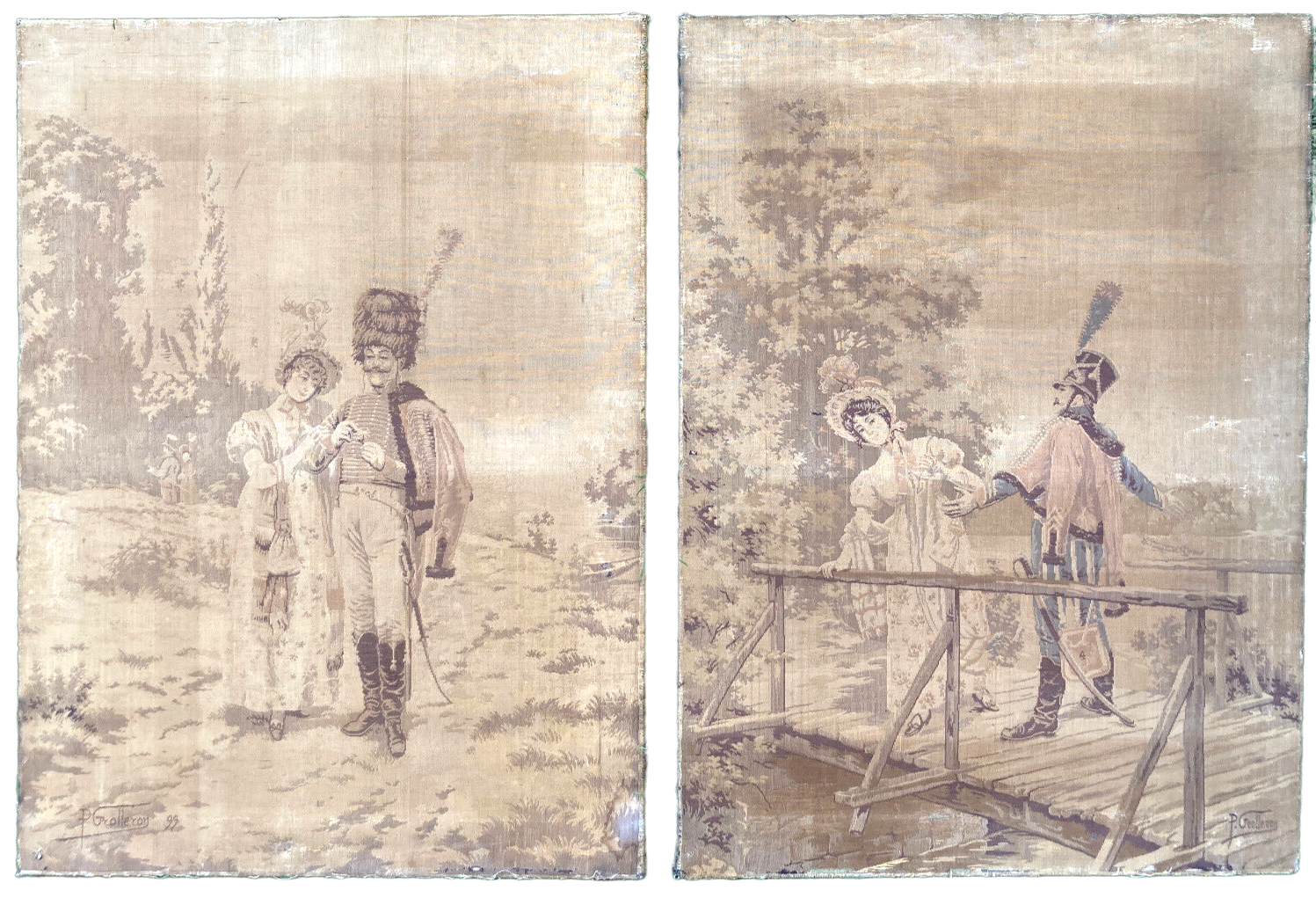 Pair of nineteenth century tapestries featuring a hussar and an elegant