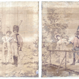 Pair of nineteenth century tapestries featuring a hussar and an elegant