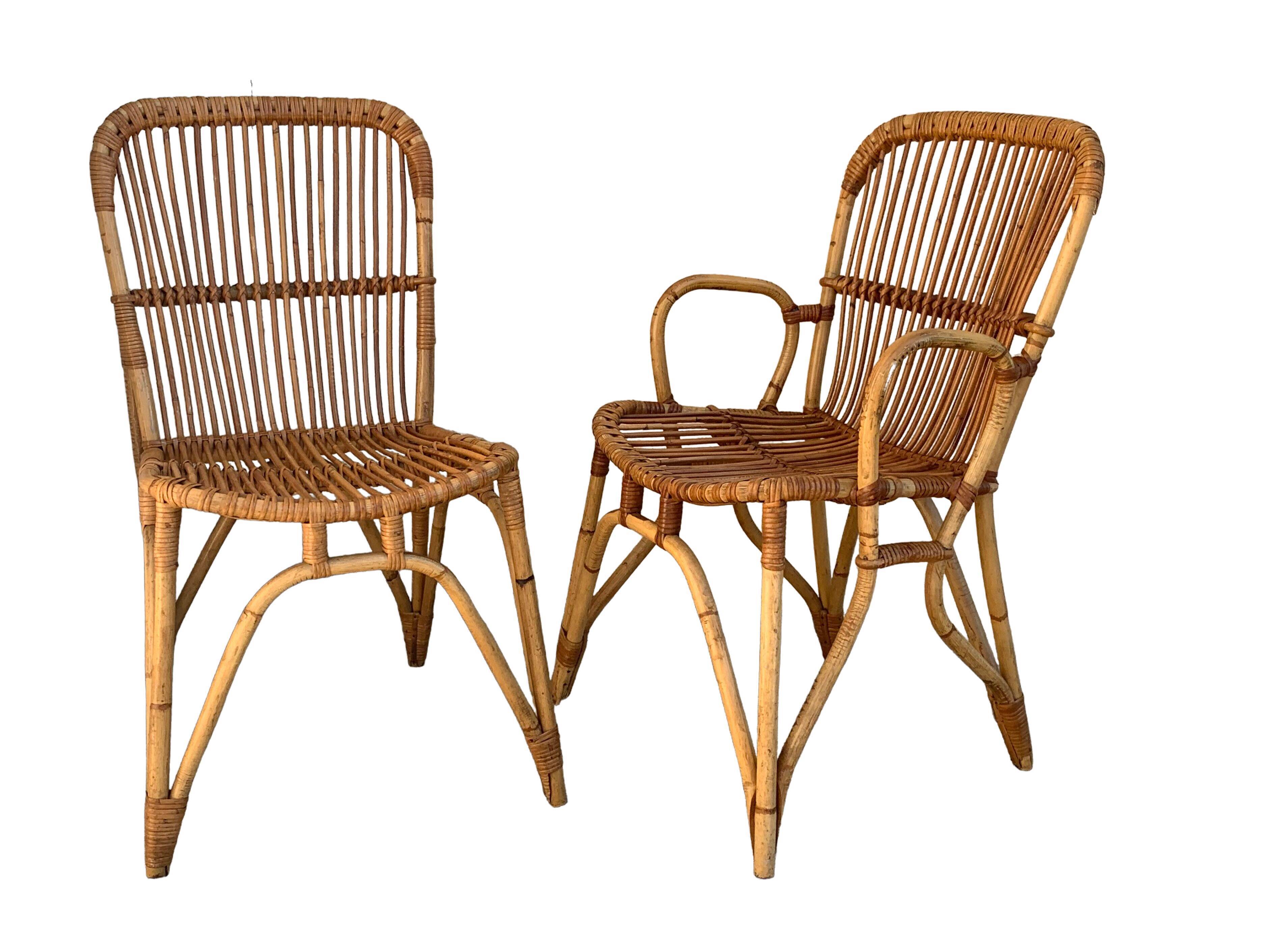 Chair and armchair in vintage rattan 1950