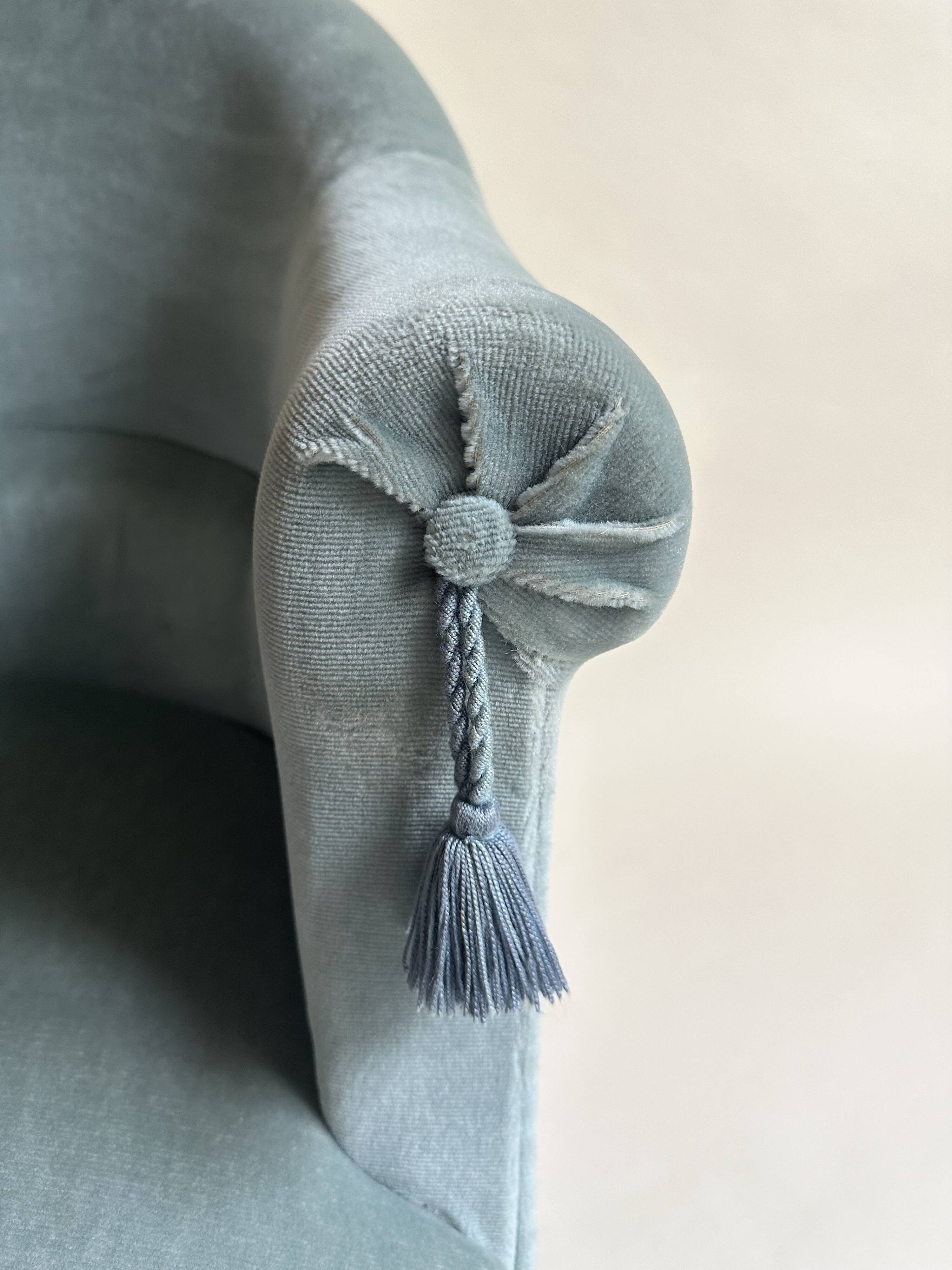 Blue velvet frog armchairs