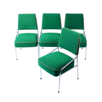 4 Brussel dining chairs in chrome & green fabric, Czechoslovakia 1960s