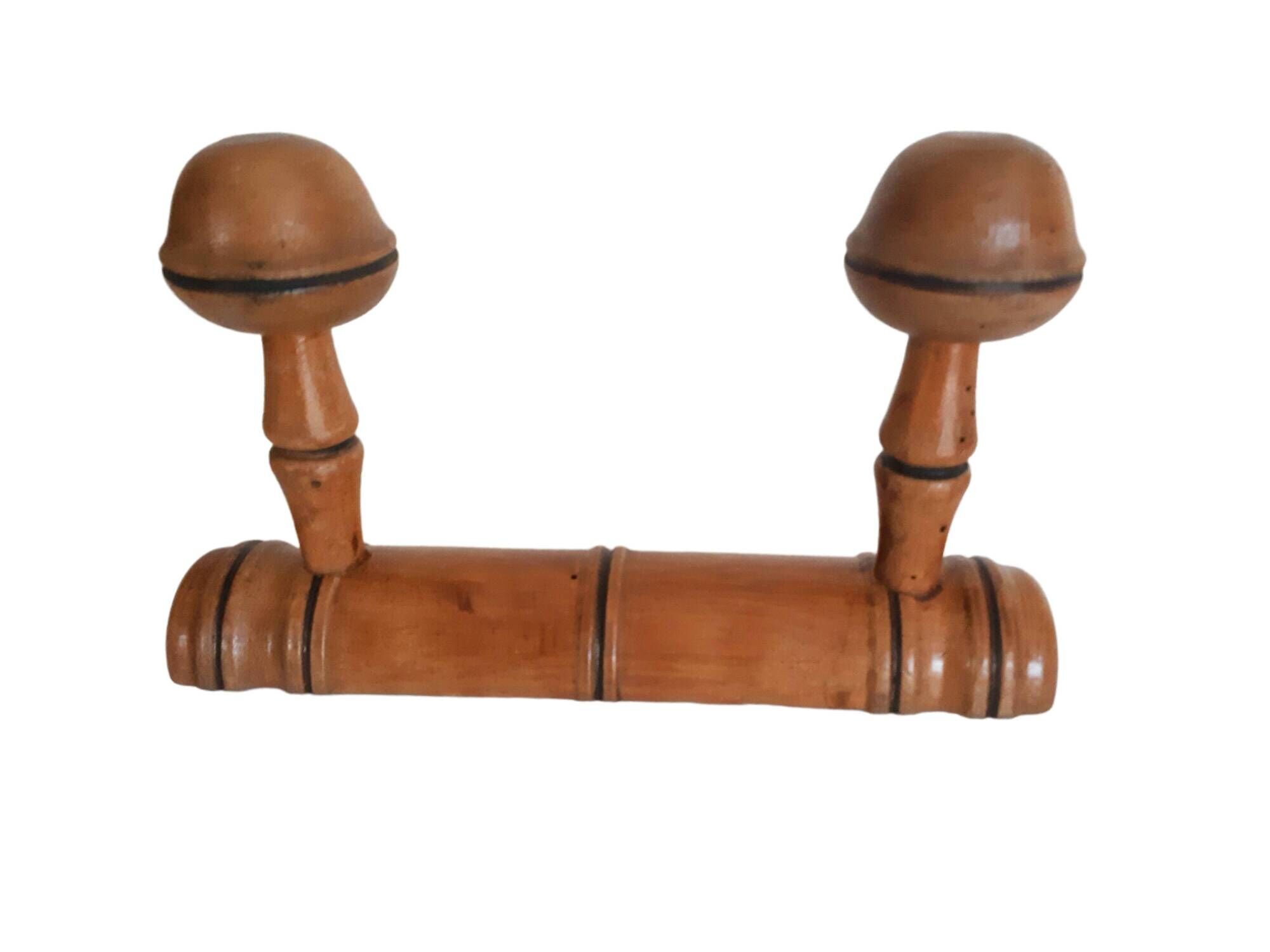 bamboo style wooden coat rack, 2 heads, vintage, 50s/60s, cloakroom, hook