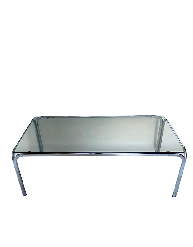 Metal table and smoked glass