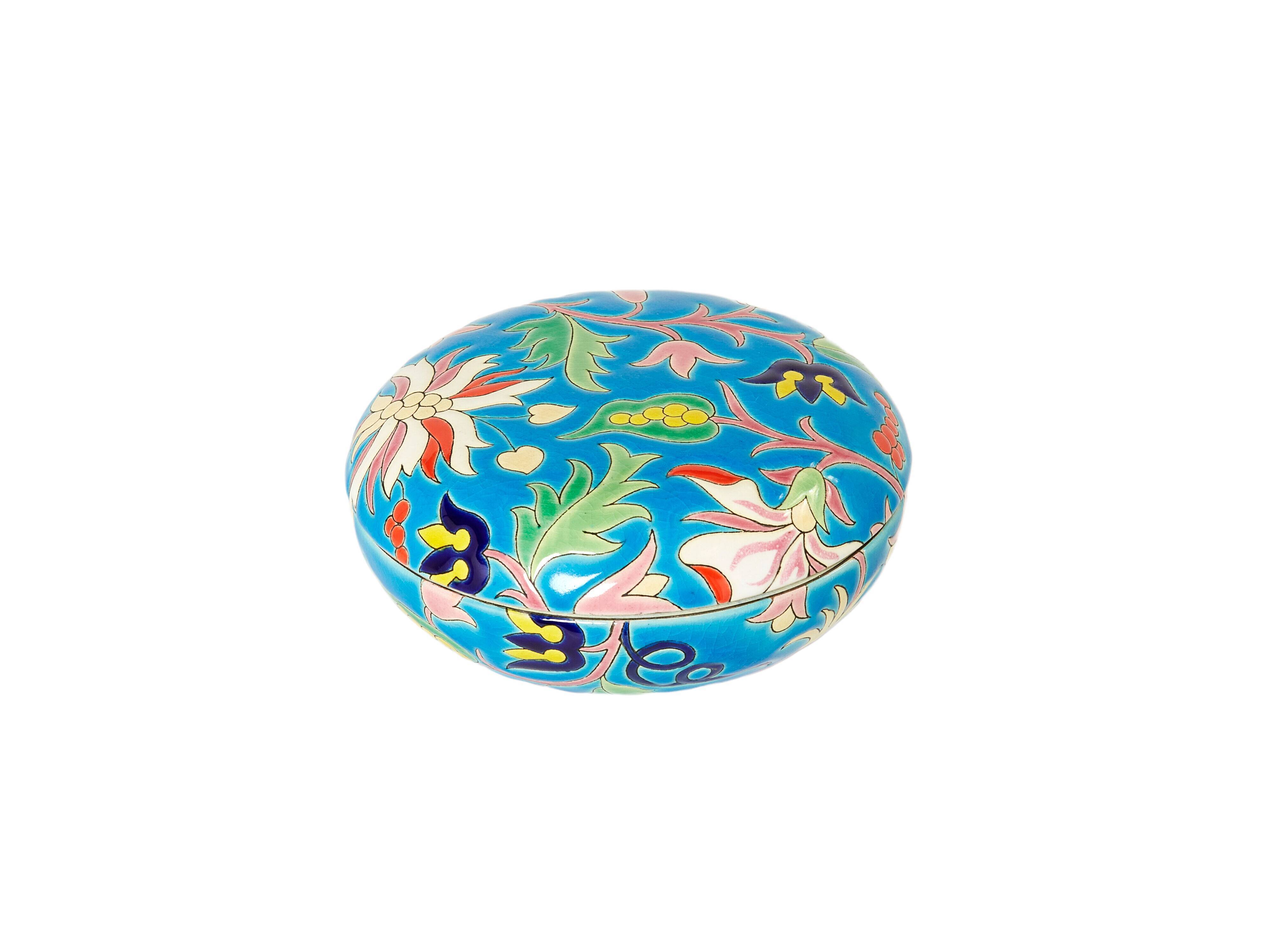 Large round box turquoise blue Art Deco Emaux de Longwy 1950
