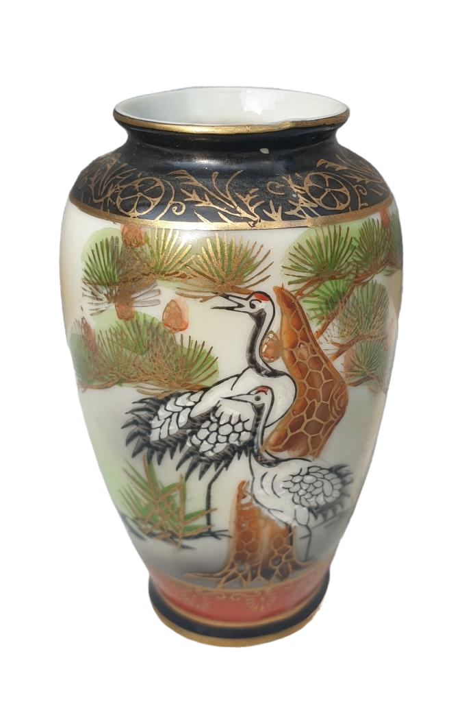 Small Japanese vase porcelain Satsuma couple of cranes