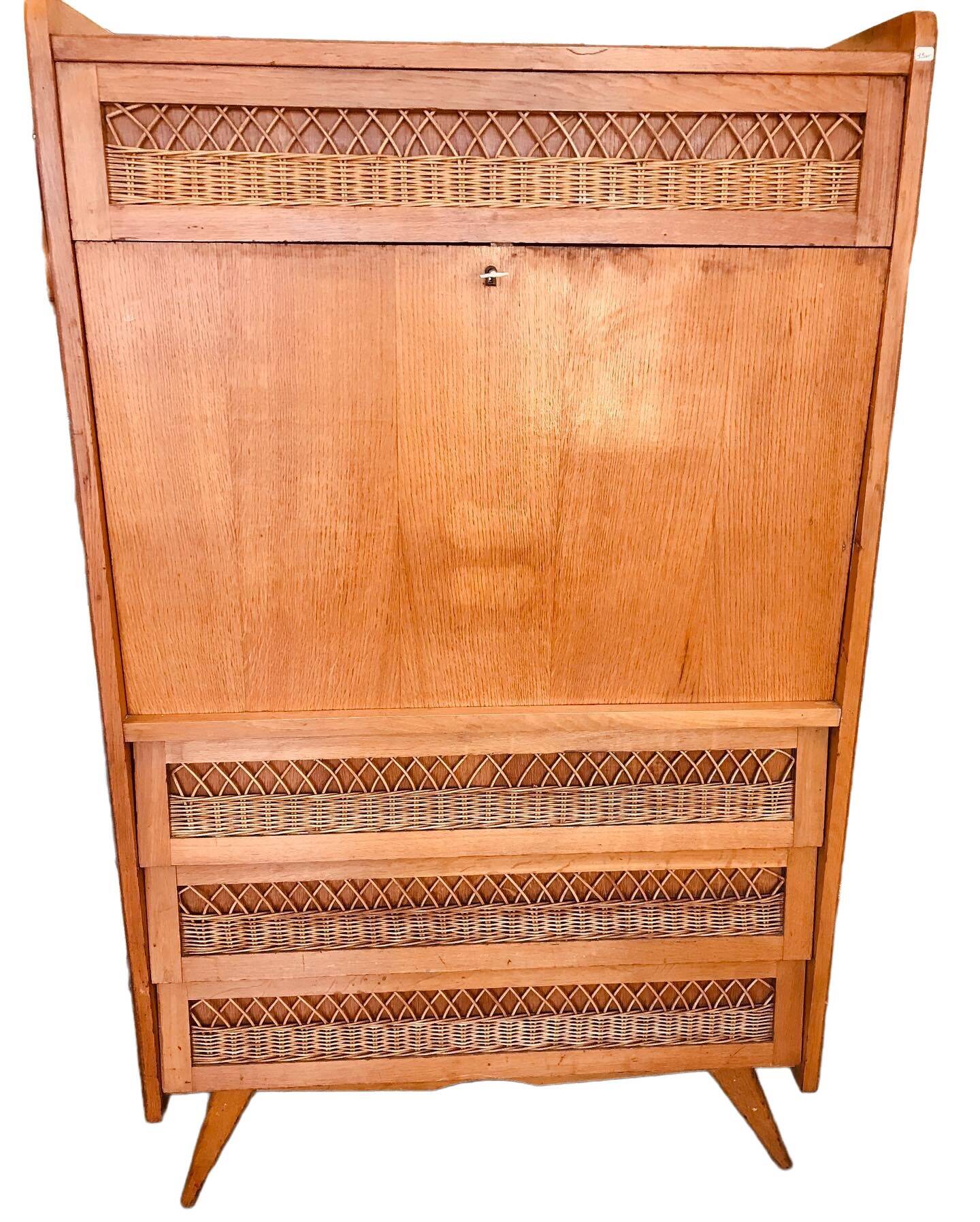 Vintage secretary in lacquered wood and rattan with compass feet