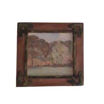 Huile sur bois signée motif sous-bois aux tons pastels avec cadre ferroné, 24x24 cm