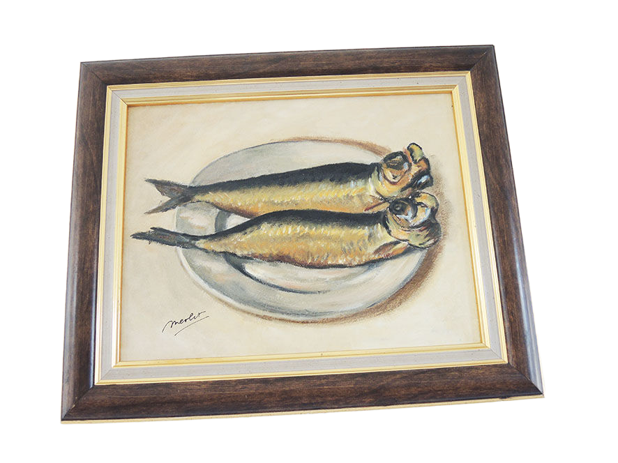 Huile sur bois encadrée et Signée Henri Merlet, 2 harengs saur sur assiette