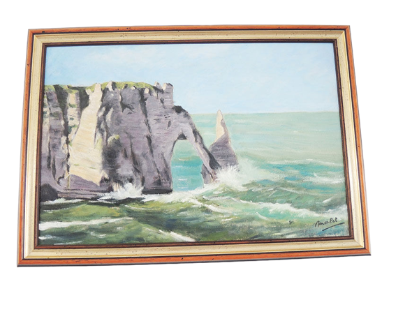 Huile sur bois encadrée et signée henri merlet, falaise d’etretat
