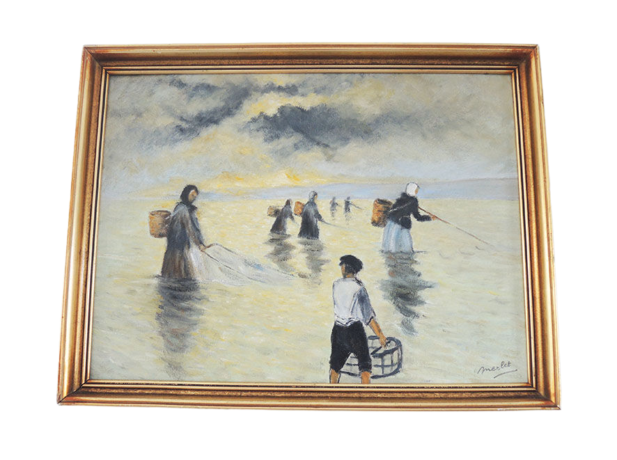 Oil on wood framed and signed henri merlet : les pêcheuses normandes