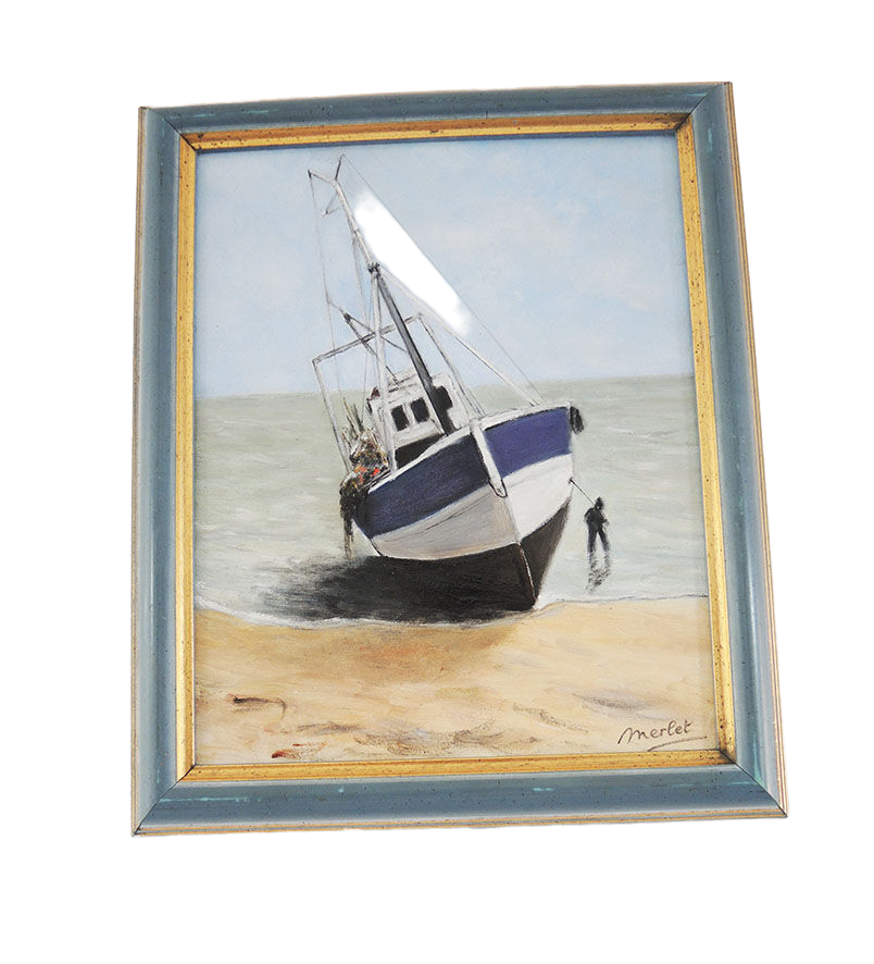 Oil on Wood Framed and Signed Henri Merlet : Blue Fishing Boat