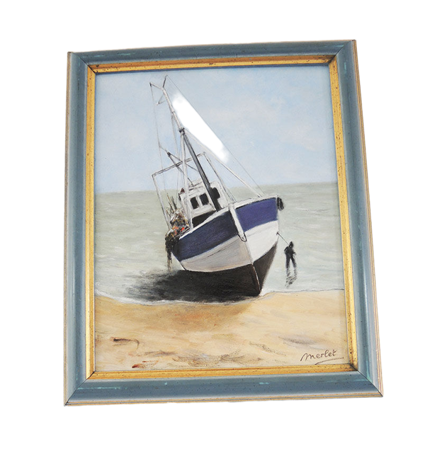 Huile sur bois encadrée et signée henri merlet : bateau de pêche bleu