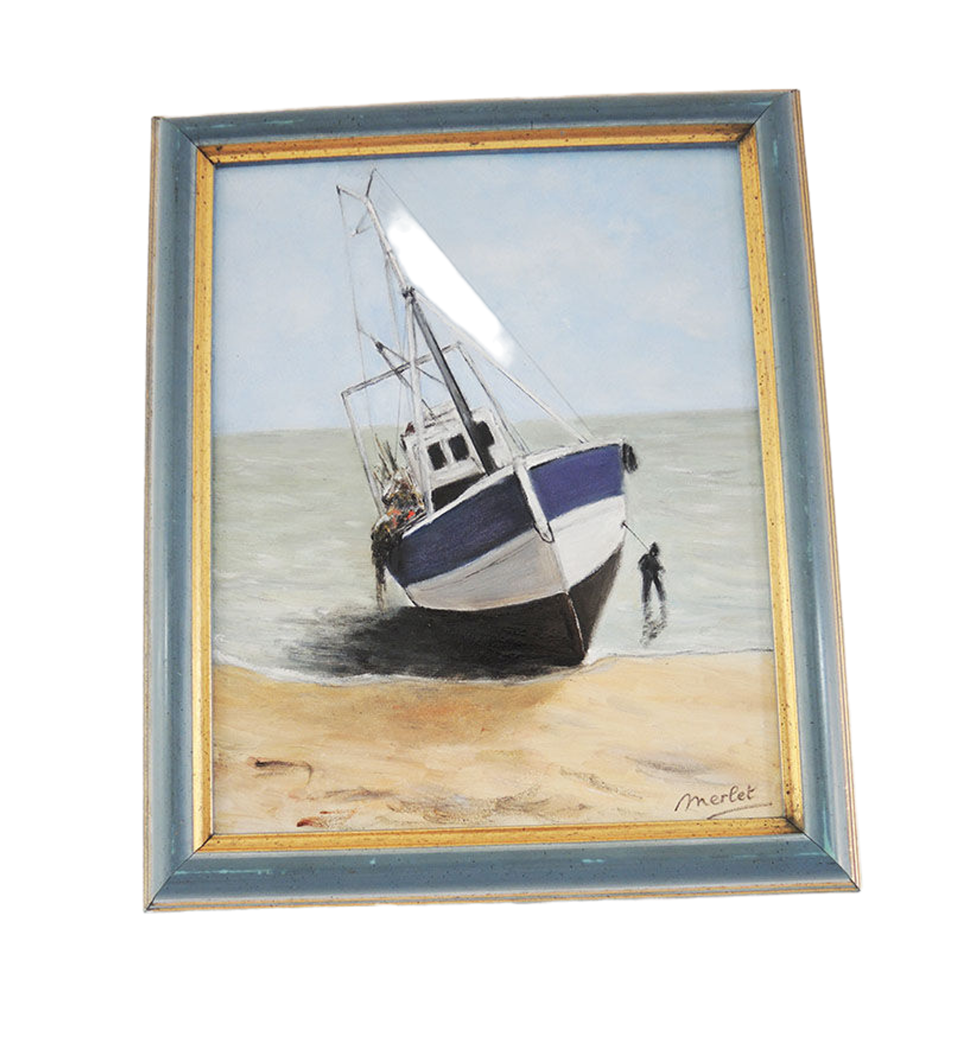 Oil on Wood Framed and Signed Henri Merlet : Blue Fishing Boat