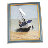 Huile sur bois encadrée et signée henri merlet : bateau de pêche bleu
