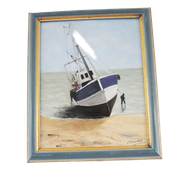 Oil on Wood Framed and Signed Henri Merlet : Blue Fishing Boat