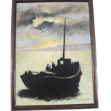 Oil on wood framed and signed Henri Merlet, fishing boat at sunset