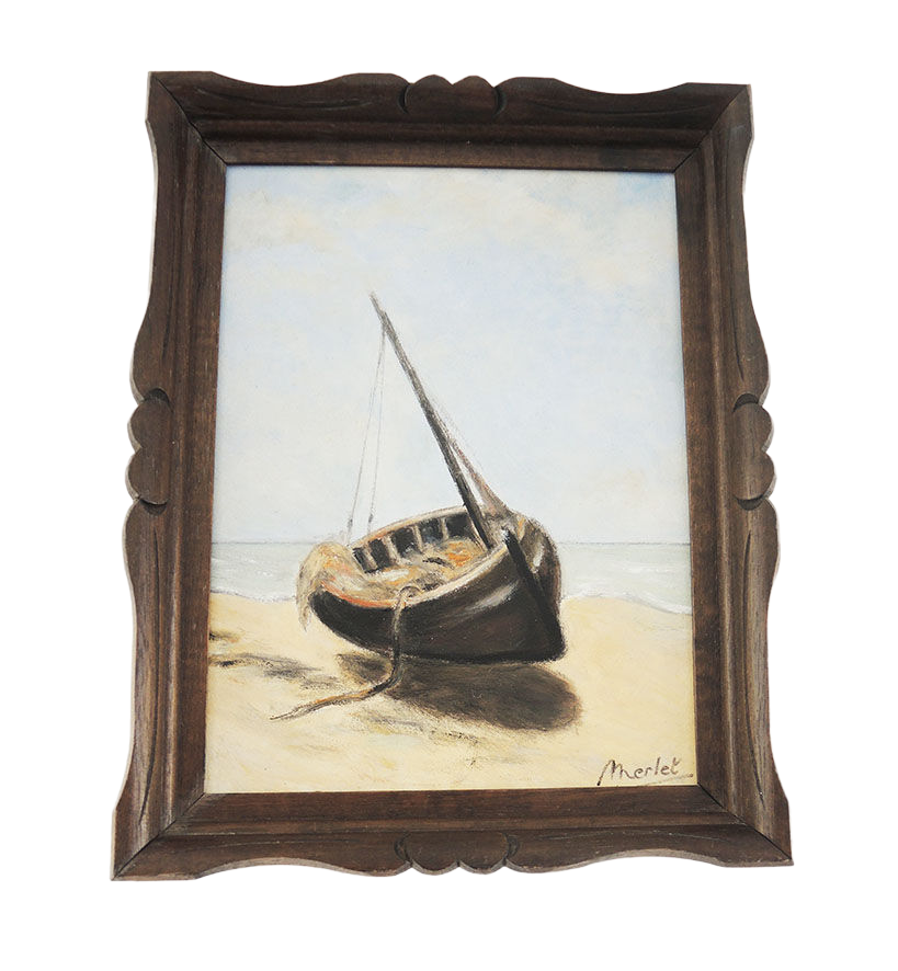 Oil on Wood Framed and Signed Henri Merlet : Boat Lying on Strike