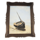 Oil on Wood Framed and Signed Henri Merlet : Boat Lying on Strike