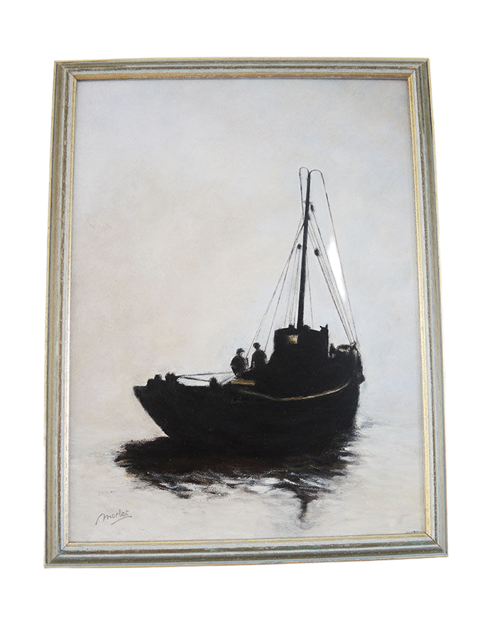 Oil on Wood Framed and Signed Henri Merlet : Fishing Boat between Dog & Wolf