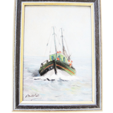 Oil on Wood Framed and Signed Henri Merlet : Fishing Boat of Face
