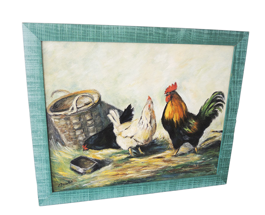 Oil on wood framed and signed Henri Merlet rooster & hen