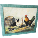 Oil on wood framed and signed Henri Merlet rooster & hen