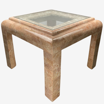 Pink marble coral stone and brass tessellated coffee table by Maitland Smith