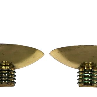 Art deco style pair of gilded metal and glass sconces by SCE from France, 1970s