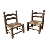 Suite of two low chairs in wood and straw 1960