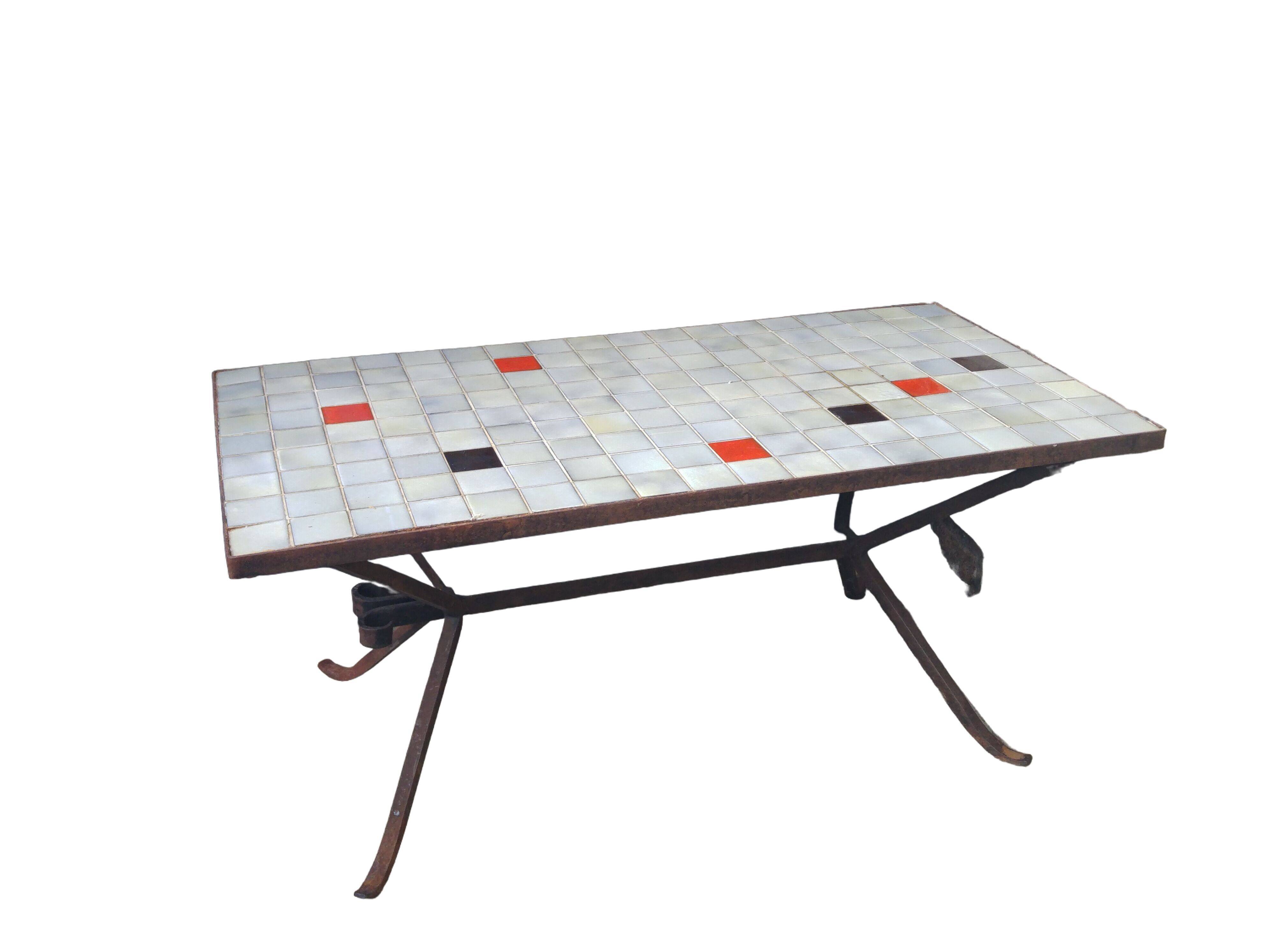 Coffee table, ceramic top, wrought iron foot