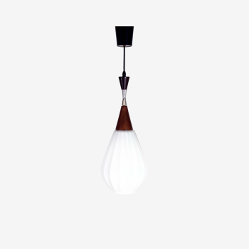 Scandinavian teak and opaline glass pendant lamp