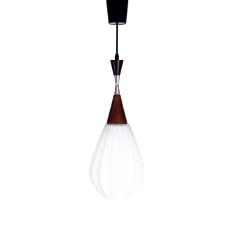 Scandinavian teak and opaline glass pendant lamp
