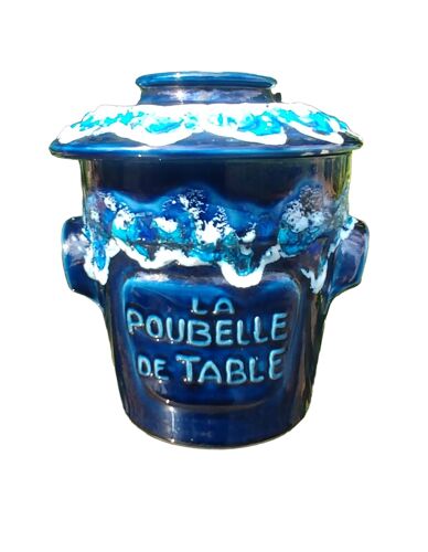 Poubelle de table en céramique vernissée bleu Vintage décor fat lava années 70