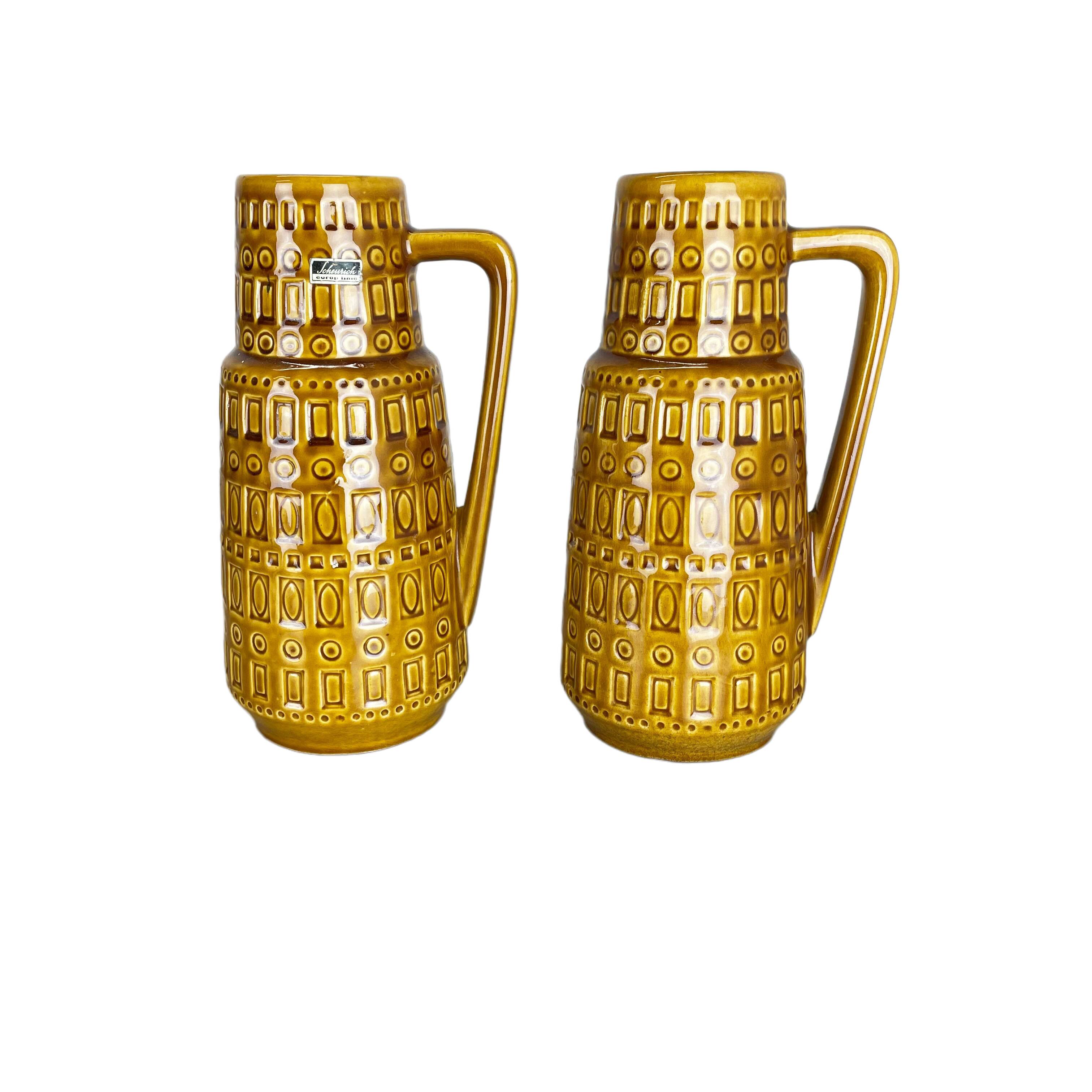 Set of Two Pottery Fat Lava Vases "ochre pattern" by Scheurich, Germany, 1970s