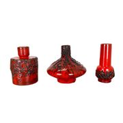 Set of 3 Red Black Ceramic Studio Pottery Vase Objects Otto Keramik Germany 1970