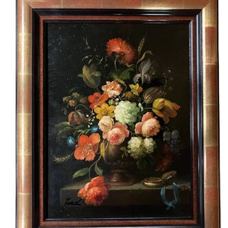 Huile sur toile nature morte au bouquet de fleur signée Jord