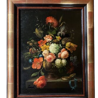 Oil on canvas still life with flower bouquet signed Jord