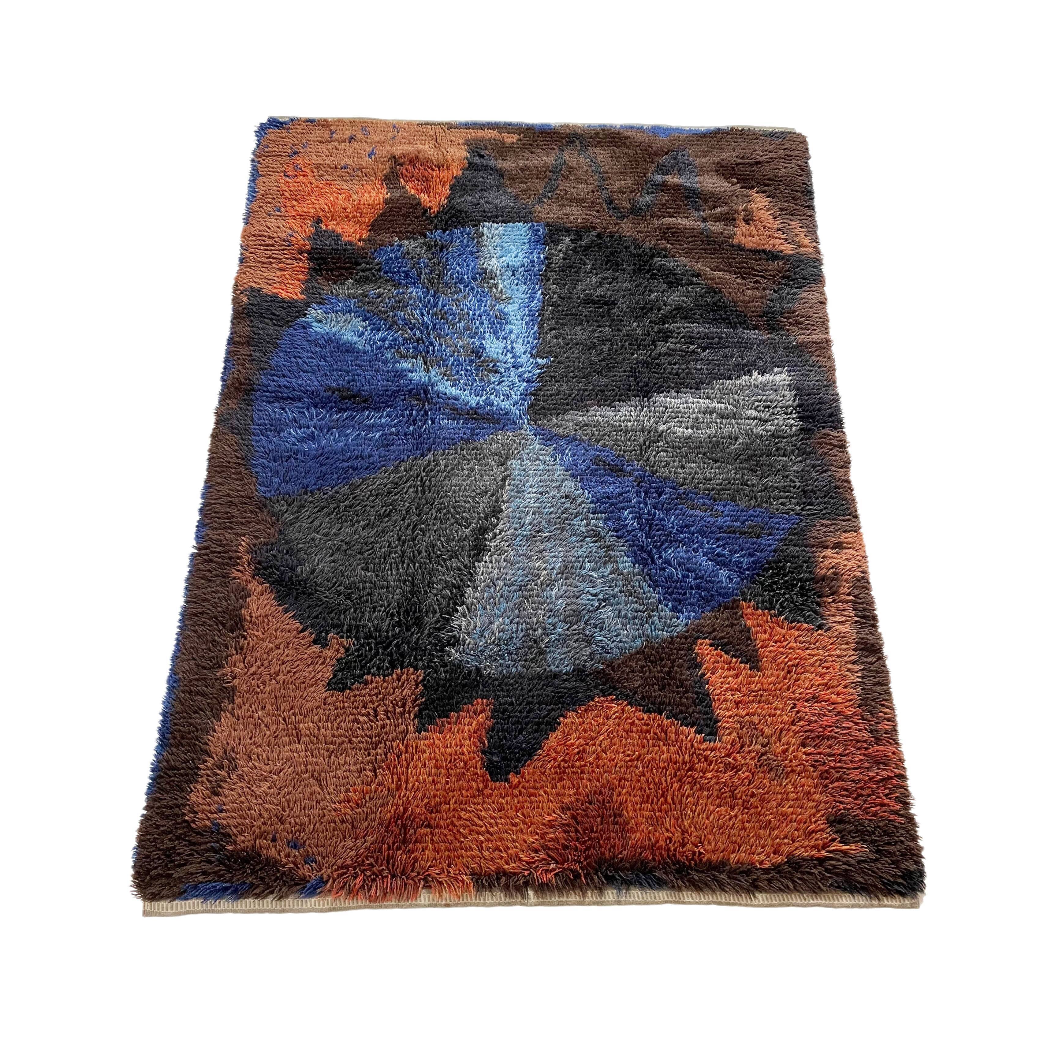 Abstract Scandinavian Multicolor High Pile Rya Rug Carpet, Sweden, 1960s