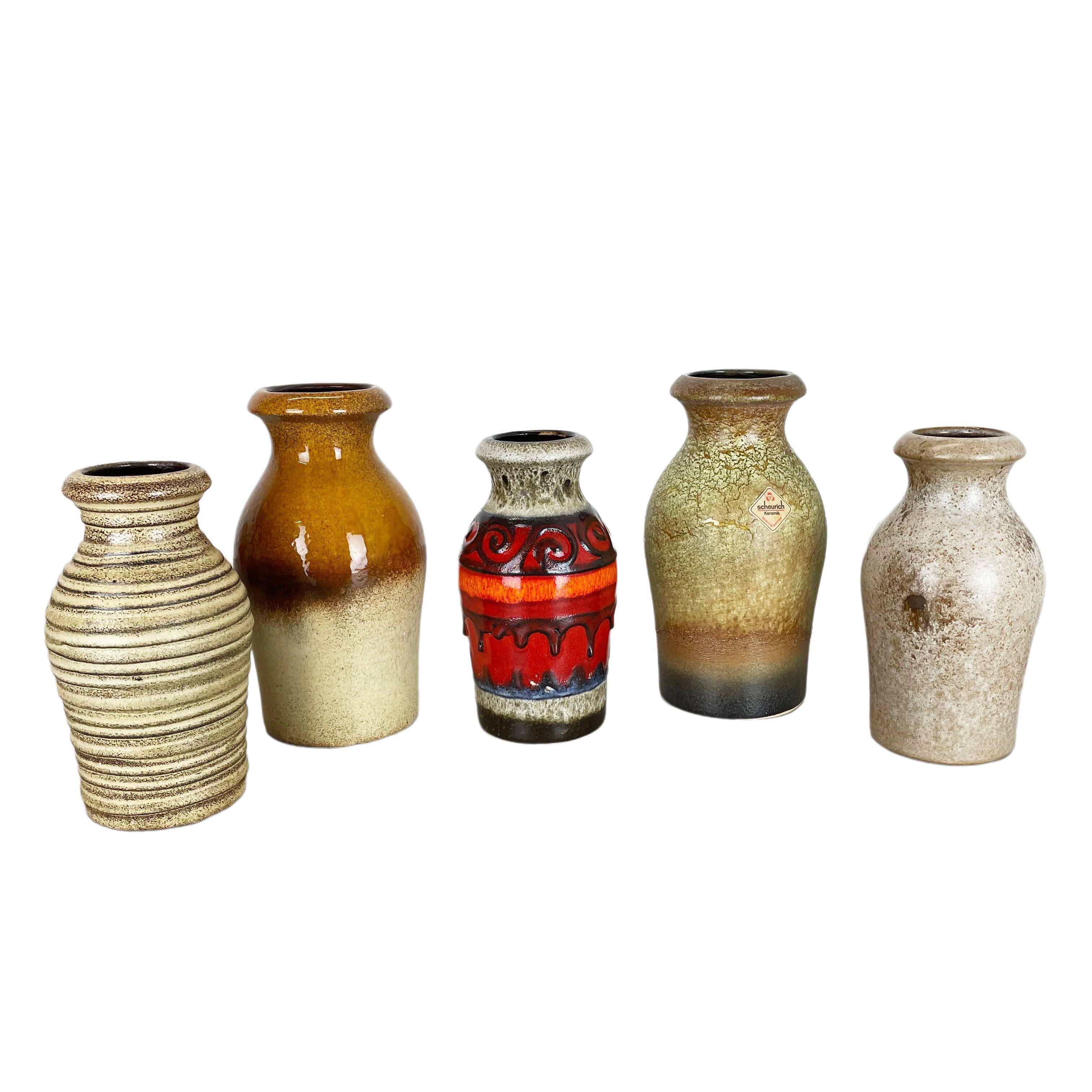 Set of five vintage pottery fat lava vases made by scheurich, germany, 1970s