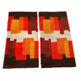 Set of 2 modernist multi-color high pile rya rug by desso, netherlands, 1970s
