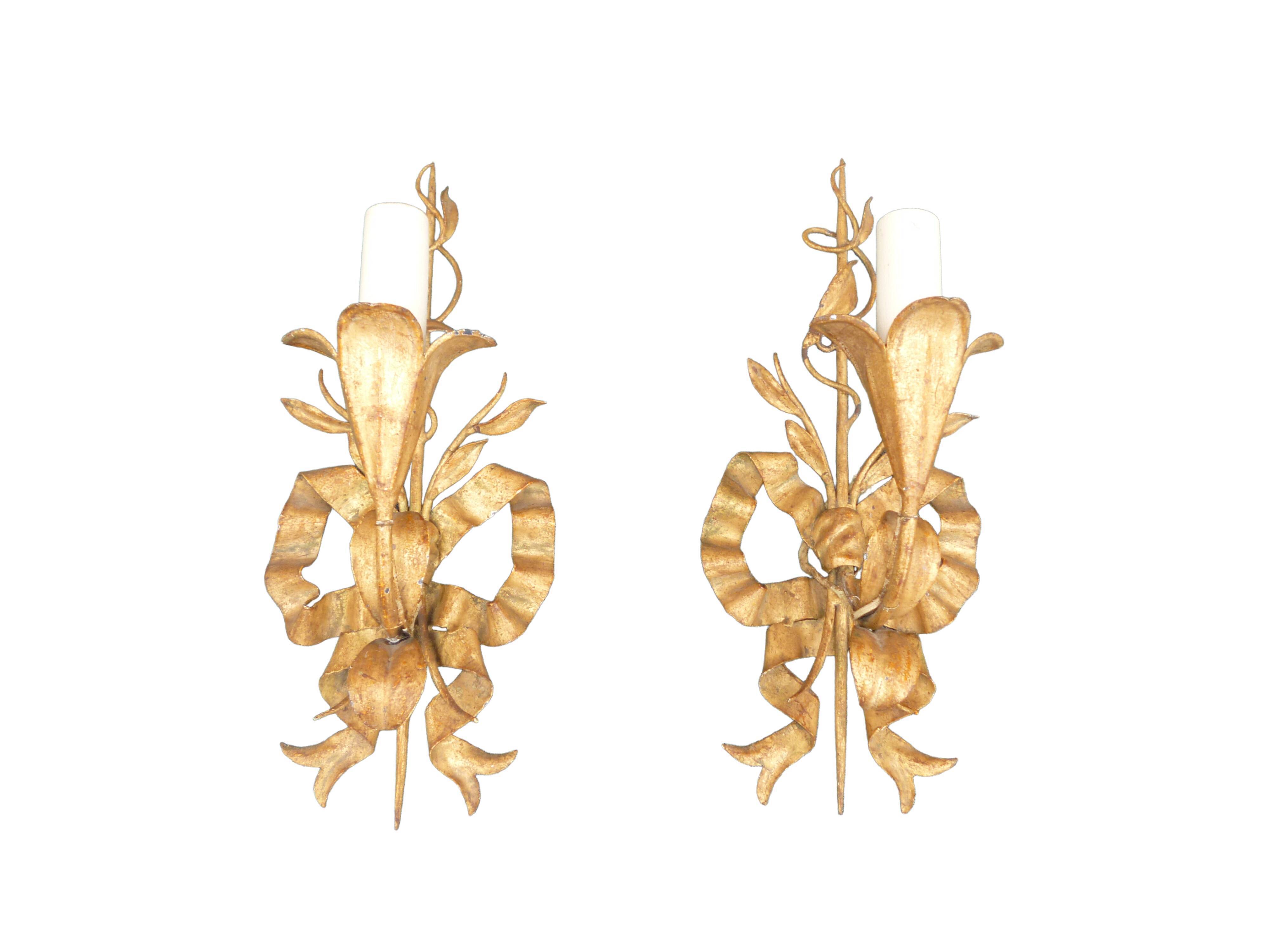 Pair of wall lamps gold patinated vintage metal