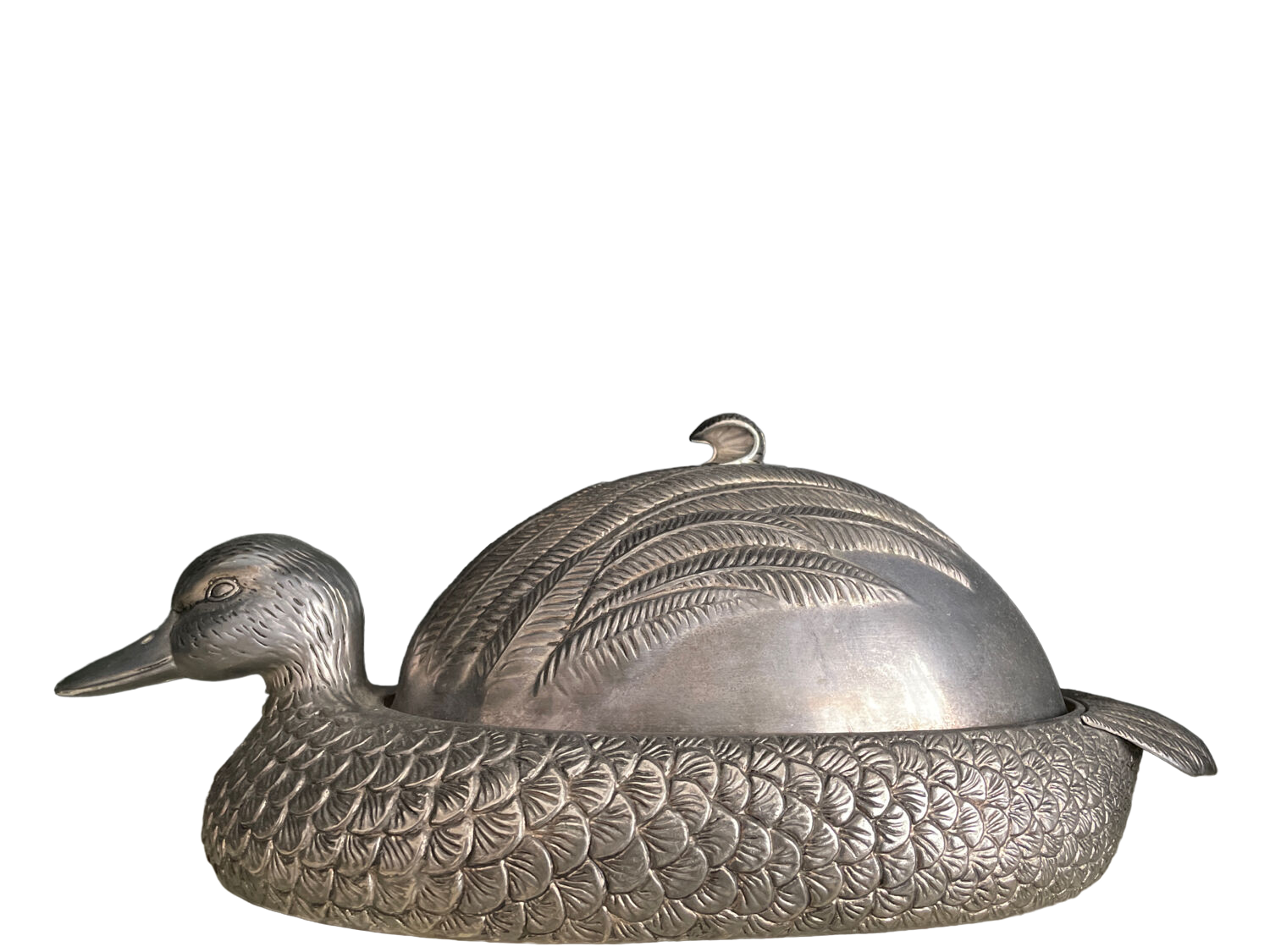Serving dish with bell in silver metal shape duck
