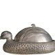Serving dish with bell in silver metal shape duck